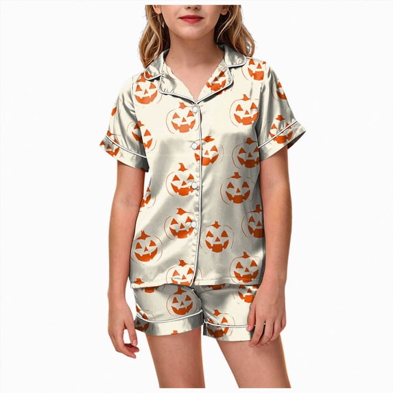 TOWED22 Halloween Satin Pajamas for Girl Set Pumpkin Print Pjs Short Sleeve Shorts 2 Piece Loungewear Sets,2-3 Y
