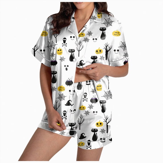TOWED22 Halloween Satin Pajamas for Women Set Preppy Ghost Pumpkin Print Pjs Short Sleeve Shorts 2 Piece Loungewear Sets(White,S)
