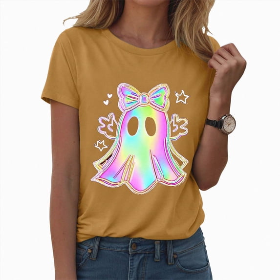 TOWED22 Halloween Shirt for Women Crew Neck Shirt Cute Bow Ghost Graphic Short Sleeve Casual Fall Clothes Tops(Yellow,XL)