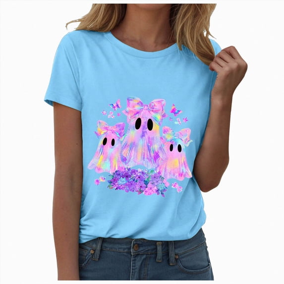 TOWED22 Halloween Shirts Women Cute Ghost Graphic T-Shirts Funny Spooky Ghost Print Tee Fall Halloween Holiday Casual Tops(Sky Blue,S)