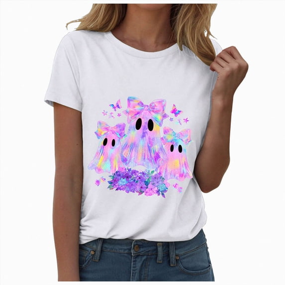 TOWED22 Halloween Shirts Women Cute Ghost Graphic T-Shirts Funny Spooky Ghost Print Tee Fall Halloween Holiday Casual Tops(White,M)