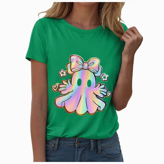 TOWED22 Halloween Shirts for Women Bow Ghost Shirt Cute Spooky Tshirt Fall Flower Graphic Tees Short Sleeve Casual Tops(Green,M)