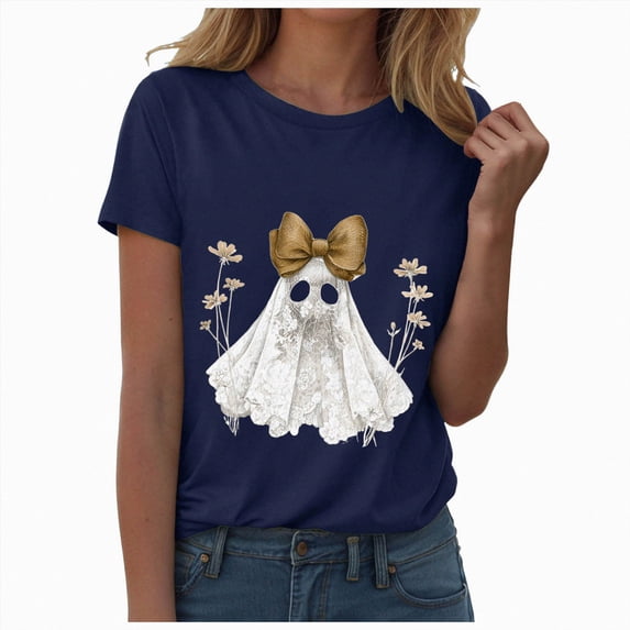 TOWED22 Halloween Shirts for Women Cute Ghost Graphic Tees Fall Crewneck Short Sleeve Costumes Autumn Party Graphic T-Shirt(Navy,L)