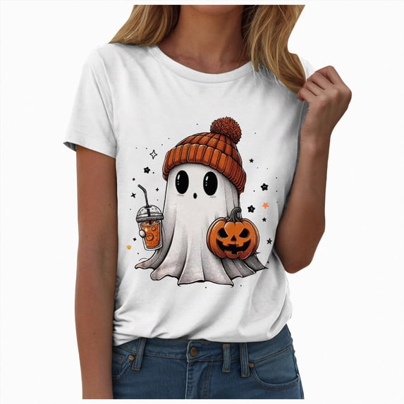 TOWED22 Halloween Shirts for Women Cute Ghost with Coffee Pumpkin Shirts Cute Fall Short Sleeve Graphic Tee Tops(White,3XL)