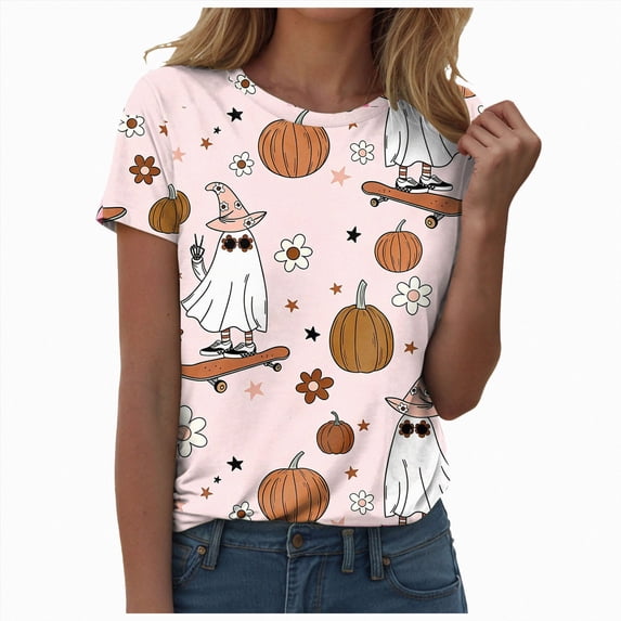 TOWED22 Halloween Shirts for Women Funny Halloween Ghost Tshirts Fall Spooky Pumpkin Gift Top(Light Pink,3XL)
