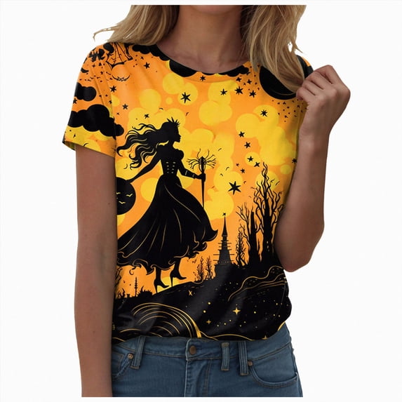 TOWED22 Halloween Shirts for Women Magical Halloween Shirt Cute Ghost Graphic Tees Spooky Season Casual Short Sleeve Fall Tops(Light Yellow,S)