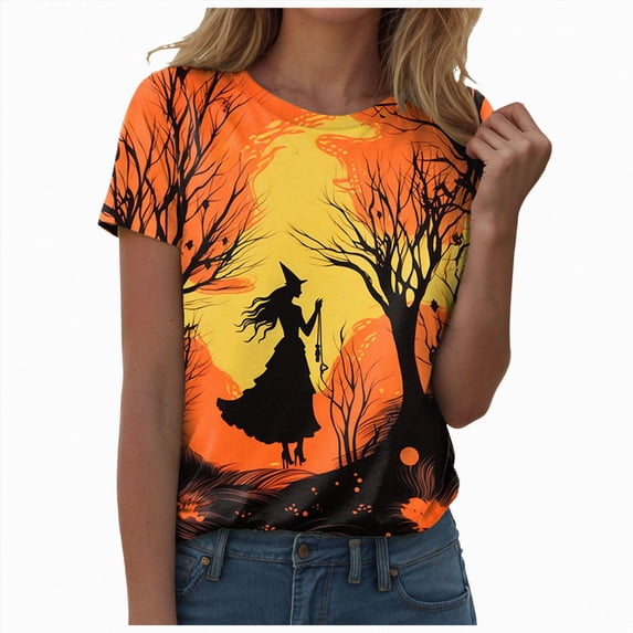 TOWED22 Halloween Shirts for Women Magical Halloween Shirt Cute Ghost Graphic Tees Spooky Season Casual Short Sleeve Fall Tops(Yellow,M)
