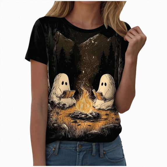 TOWED22 Halloween Shirts for Women T Shirt Holiday Ghost Graphic Crewneck Short Sleeve Tee Tops(Beige,XXL)