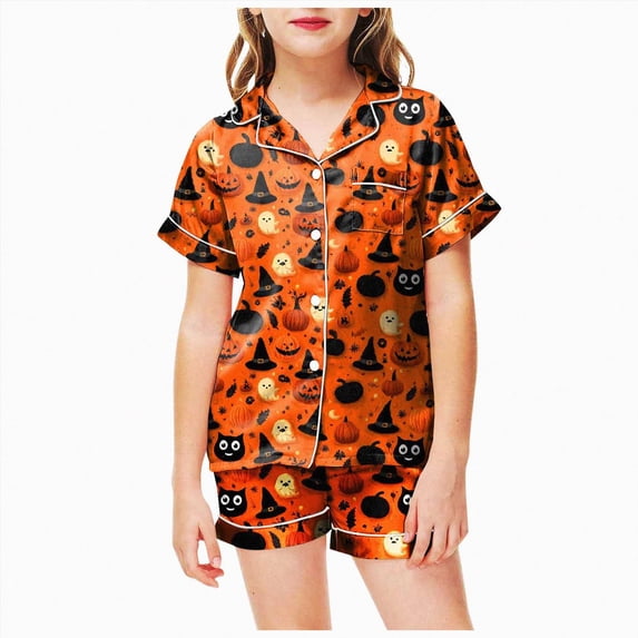 TOWED22 Halloween Silk Satin Pajamas Set for Girl Cute 2 Piece Graphic Pj Set Button Down Short Sleeve Shirt Shorts Lounge Set,4-5 Y