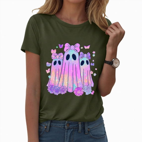 TOWED22 Halloween T Shirt Women Crew Neck Short Sleeve Awareness Ribbon T Shirts - Bow Ghost Graphic Print Loose Top Funny Fashion Clothes(AG,XXL)