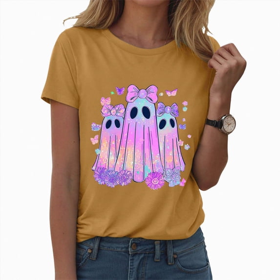 TOWED22 Halloween T Shirt Women Crew Neck Short Sleeve Awareness Ribbon T Shirts - Bow Ghost Graphic Print Loose Top Funny Fashion Clothes(Yellow,XXL)