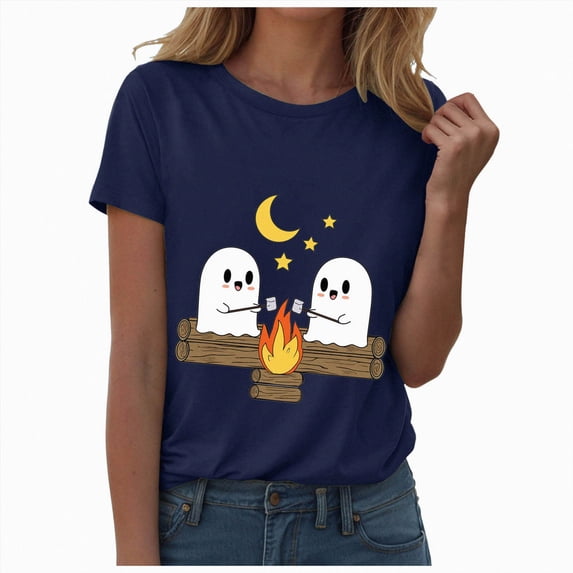 TOWED22 Halloween T Shirt Women Crew Neck Short Sleeve Cute Bow Ghost Graphic T Shirts - Spooky Print Loose Top Funny Fashion Clothes(Navy,XXL)