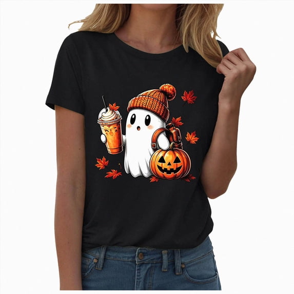 TOWED22 Halloween Teacher Shirts for Women Cute Pumpkin Ghost with Coffee Graphic T-Shirt Casual Fall Teacher Tee Tops(Black,S)
