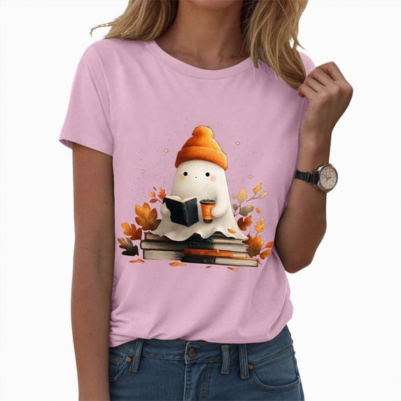 TOWED22 Halloween Teacher Shirts for Women Groovy Read More Books Ghost T-Shirt Short Sleeve Halloween Party Tee Tops(Pink,M)