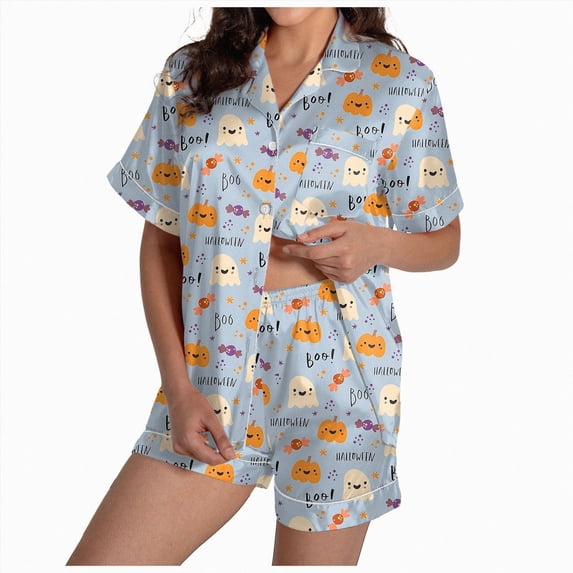 TOWED22 Halloween Womens Silk Pajamas Sets Ghost Pumpkin Print Button Up Shirt and Shorts Sleepwear 2 Piece Satin Pjs Sets(Light Gray,L)