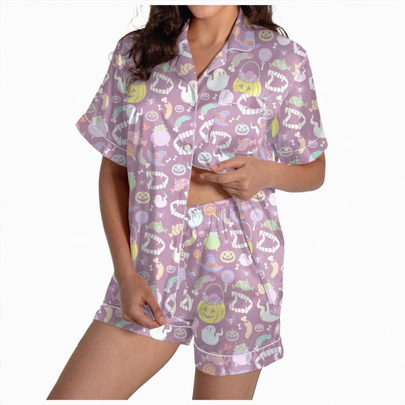 TOWED22 Halloween Womens Silk Pajamas Sets Ghost Pumpkin Print Button Up Shirt and Shorts Sleepwear 2 Piece Satin Pjs Sets(Light Purple,XXL)
