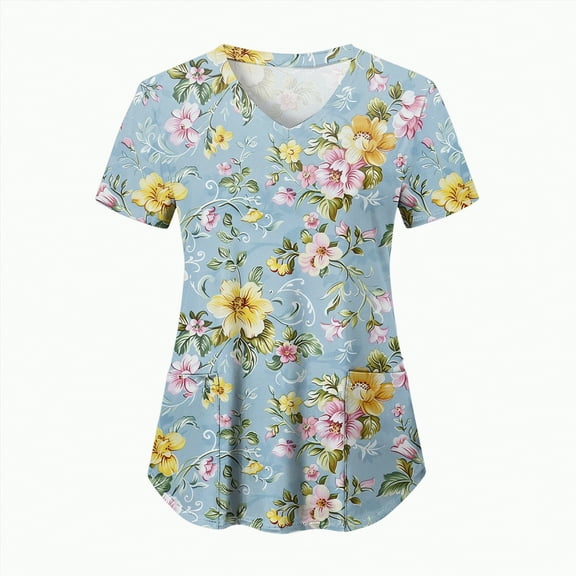 TOWED22 Holiday Scrub Tops for Women Short Sleeve Vneck Stretchy Nurse Workwear Uniforms Cute Printed 2 Pockets Scrub Shirt(Blue,XXXL)