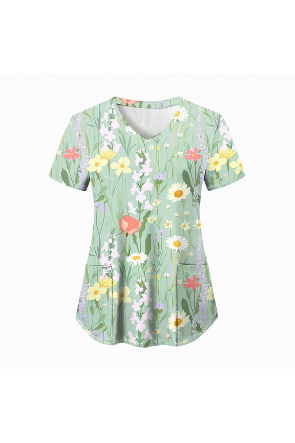 Holiday Scrub Tops for Women Short Sleeve Vneck Stretchy Nurse Workwear Uniforms Cute Printed 2 Pockets Scrub Shirt(Light Green,XL)