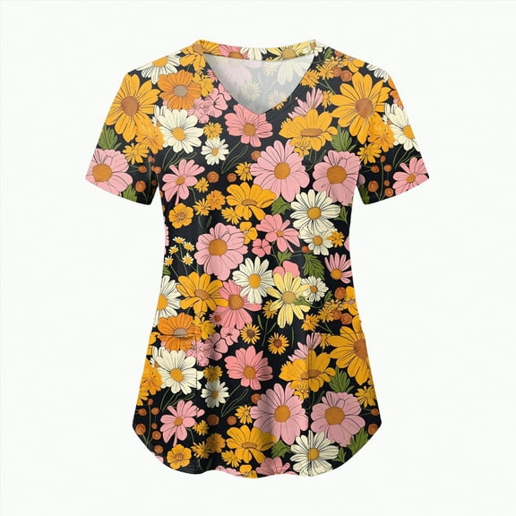 TOWED22 Holiday Scrub Tops for Women Short Sleeve Vneck Stretchy Nurse Workwear Uniforms Cute Printed 2 Pockets Scrub Shirt(Yellow,XL)