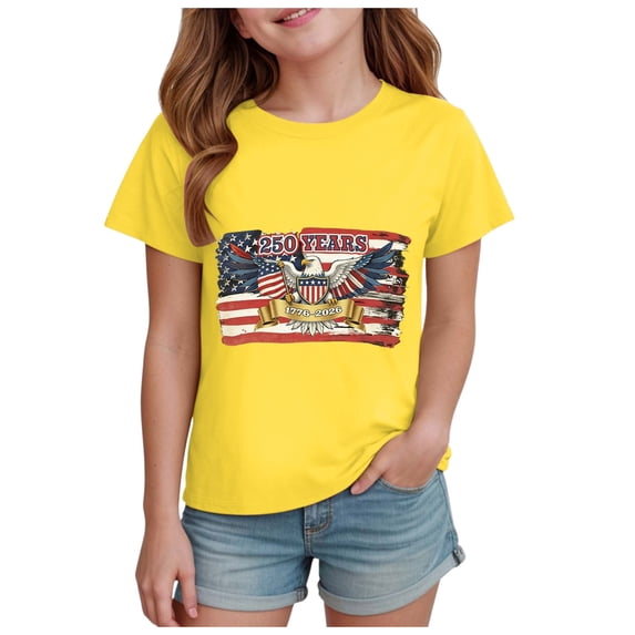 TOWED22 Independence Day Girls Shirt American Flag Graphic Tees Patriotic Short Sleeve Tshirts Summer Tops(Yellow,5-6 Y)