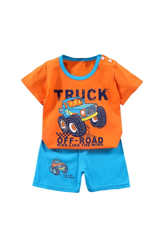 Infant Baby Boy 2pcs Summer Outfit Short Sleeve Animal Print T-Shirt Top Solid Elastic Shorts(Orange,18-24 M)