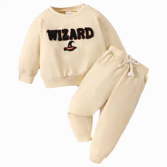 TOWED22 Infant Baby Boy Halloween Outfit Long Funny Letter Embroidery Sweatshirt Pant Set Toddler Fall Clothes Outfits,Beige,3-4 Y