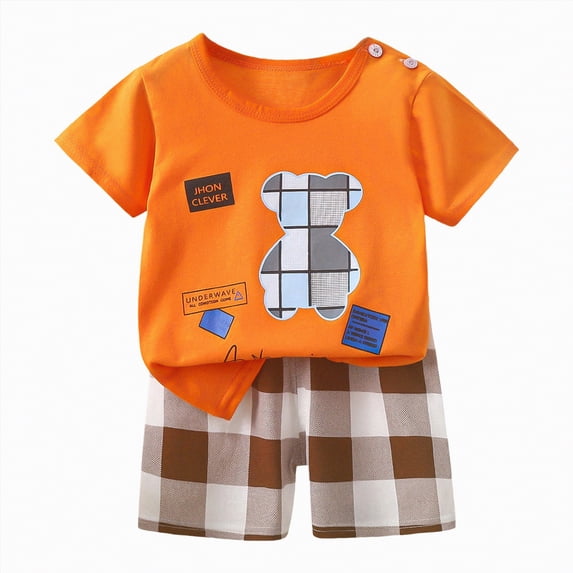 TOWED22 Infant Baby Boy Outfits 2pcs Short Sleeve Round Neck Shirt Casual Pocket Shorts Truck Clothes(Orange,2-3 Y)