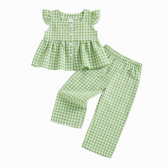 TOWED22 Infant Baby Girl Clothes 2pcs Outfits Sleeveless Gingham Print Halter Tops Elastic Long Pants(Green,2-3 Y)
