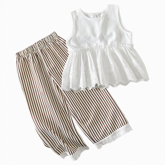 TOWED22 Infant Baby Girl Clothes Sleeveless Ruffle Halter Tops Solid Color Linen Pants 2pcs Outfits Set(White,6-7 Y)