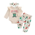 thumbnail image 1 of TOWED22 Infant Baby Girl Fall Clothes Print Long Sleeve Romper Pants Headband Newborn 0 3 6 12 18 24M Outfit,Color: Beige,Size:9-12 M, 1 of 4