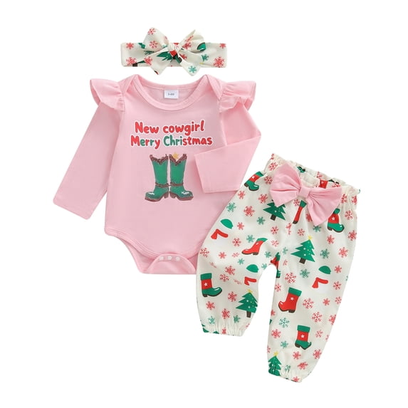 TOWED22 Infant Baby Girl Fall Clothes Print Long Sleeve Romper Pants Headband Newborn 0 3 6 12 18 24M Outfit,Color: Pink,Size:9-12 M
