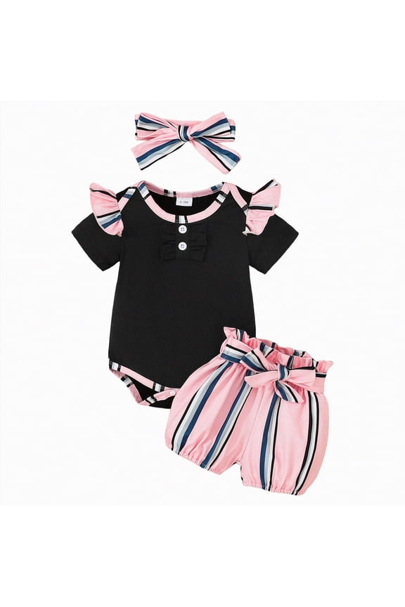 Infant Baby Girl Outfits Striped Romper Bodysuit Jumpsuit Shorts Set Clothing Black,3-6 M