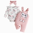 thumbnail image 1 of TOWED22 Infant Girl Clothes Fall Winter Outfits 3pc Clothing Set Long Sleeve Crew Neck Pattern Print Romper Jumpsuit Flare Pants Headband Baby Girl Set(Pink,9-12 M), 1 of 9