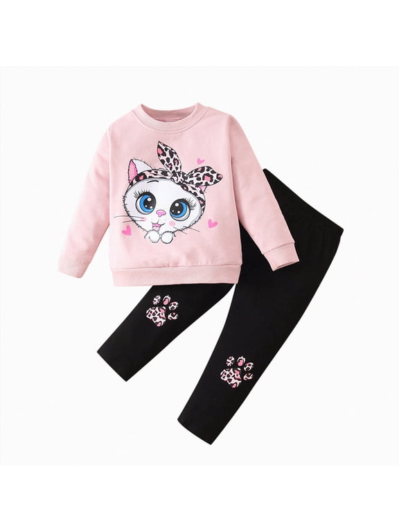 Infant Toddler Baby Girl Outfits Long Sleeve Soft Sweatshirt + Relaxed Pants 2 Piece Clothes Set for School(Pink,4-5 Y)