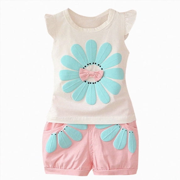 TOWED22 Infant Toddler Girl Clothing Sets 2pcs Floral Print Ruffle Sleeve Tank Top Cotton Shorts Set Summer Outfits Basic(Pink,12-18 M)