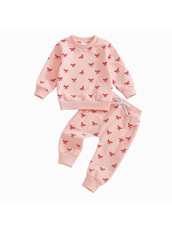Infant Toddler Girls Cute 2pcs Fall Winter Outfits Long Sleeve Round Neck Print Top and Elastic Waist Pants Set Clothes Clothing(Pink,2-3 Y)