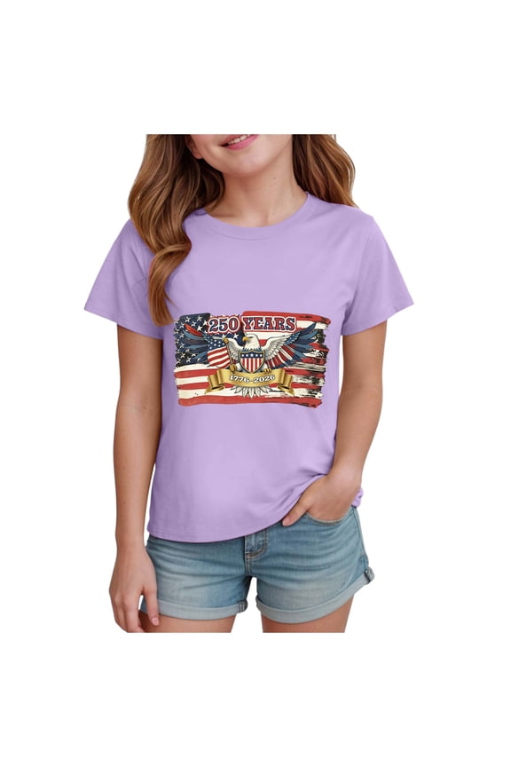Kid 4th of July T-Shirts Boys Girls American Flag Shirt Patriotic Top Short Sleeve Tees(Light Purple,1-2 Y)