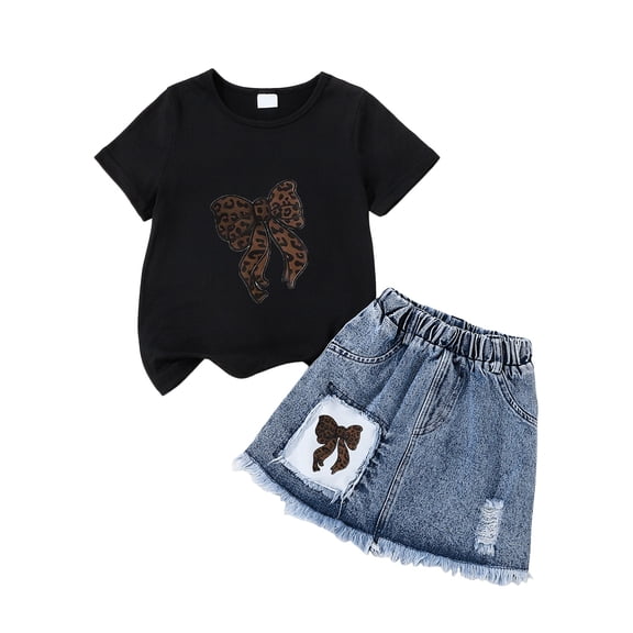 TOWED22 Kid Girls Clothes Outfits 2 Piece Cute Sweet Bowknot Print T-Shirt   Bowknot Print Denim Skirt Summer Clothing Set(Black,2-3 Y)