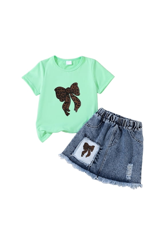 Kid Girls Clothes Outfits 2 Piece Cute Sweet Bowknot Print T-Shirt + Bowknot Print Denim Skirt Summer Clothing Set(Green,4 Y)