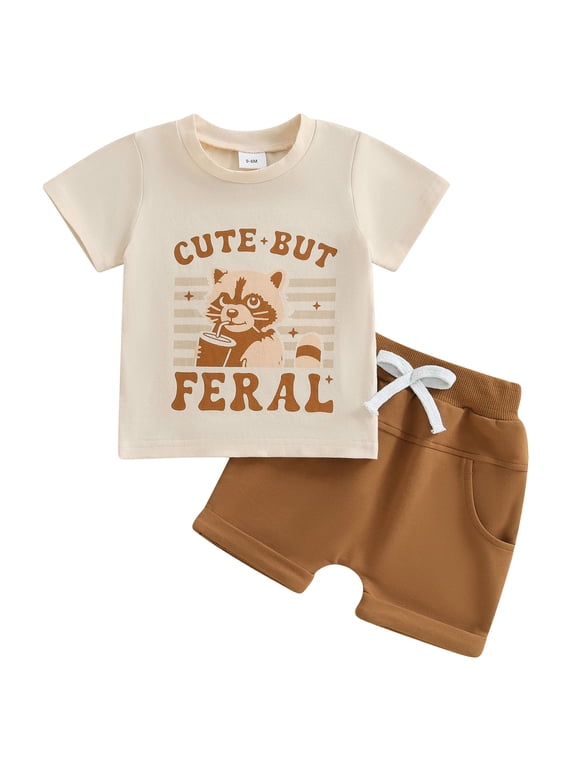 Kid Toddler Boy Summer Clothes Hawaiian Jungle Short Sleeve T-Shirt + Shorts 2PC Summer Outfits Set(Coffee,0-6 M)