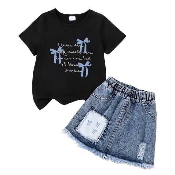 TOWED22 Kids Baby Girl Summer Clothes Toddler Little Girl 2 Piece Summer Butterfly Print Outfit T Shirt + Denim Skirt Set(F,3-4 Y)