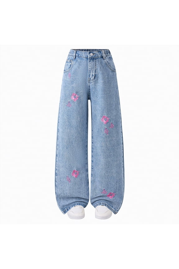 Kids Girls Baggy Jeans Casual Wide Leg High Waist Denim Pants Size 5-14 Years Light Blue,9-10 Y