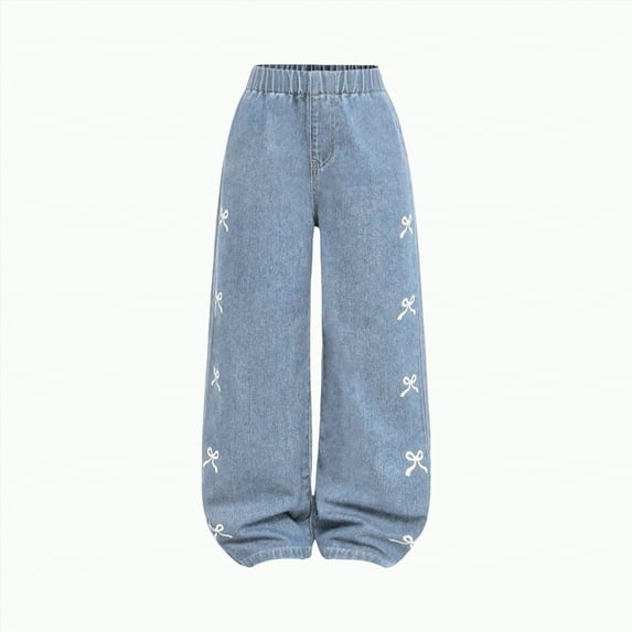 TOWED22 Kids Girls Ripped Distressed Washed Baggy Wide Leg Casual Jeans(Light Blue,7-8 Y)