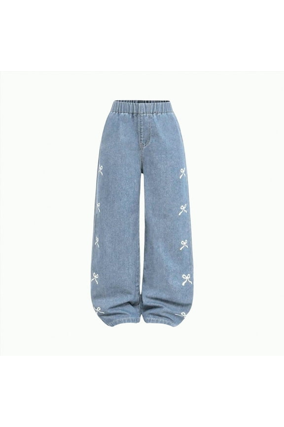 Kids Girls Ripped Distressed Washed Baggy Wide Leg Casual Jeans(Light Blue,7-8 Y)