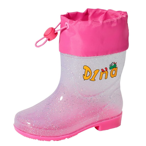 TOWED22 Kids Rain Boots for Girls Children Shoes Fashion Flat Cartoon Rain Boots Can Be Tied Mouth Cartoon Transparent Outdoor (Pink, 12.5 Little Child)