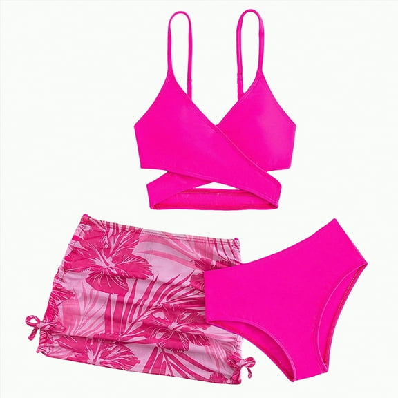 TOWED22 Kids Swimsuit Girls 3 Piece Bathing Suit Bikini Set Tropical Print Swimwear(Hot Pink,11-12 Y)