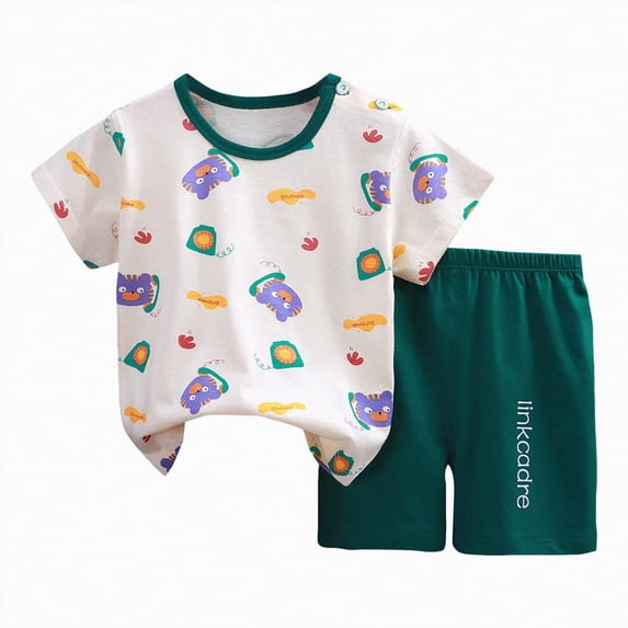 TOWED22 Kids Toddler Baby Girl Boy Summer 2 Piece Shirt and Shorts Set Round Neck Tee Cartoon Graphic Elastic Waist Outfits Clothes(Dark Green,5-6 Y)
