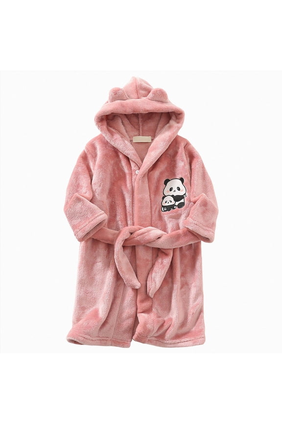 Kids Toddler Cartoon Hooded Plush Robe Leopard Pajamas Fleece Bathrobe Children Sleepwear(Pink,7-8 Y)