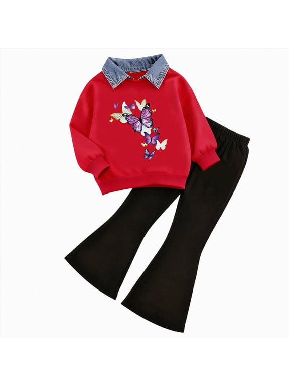 Kids Toddler Girl Clothes Print Sweatshirt Flared Pants 2Pc Outfits Set Infant Fall Winter Outfits,Dark Purple,6-7 Y