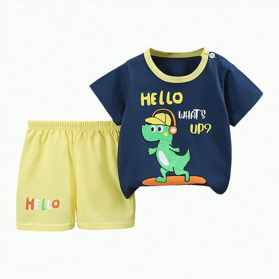 TOWED22 Kids Toddler Girl Clothes Summer 2 Piece Outfits Love Printed Square Neck Bubble Sleeve Top+Solid Color Shorts Set(Dark Blue,12-18 M)
